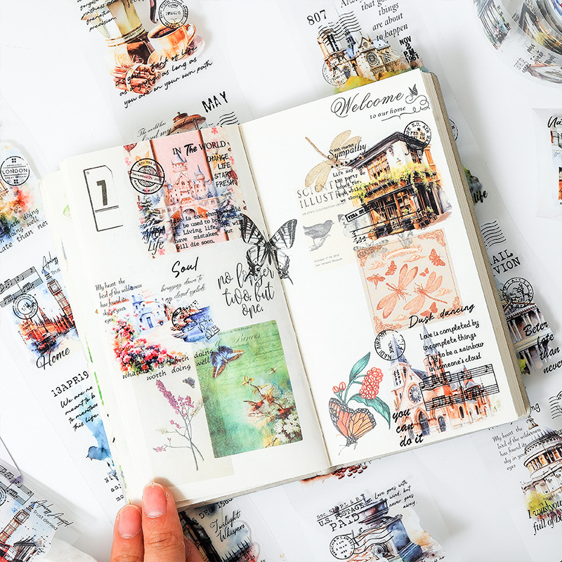 Σετ διαφανούς, αδιάβροχης ταινίας PET για DIY ημερολόγιο με αυτοκόλλητα ευρωπαϊκής ρετρό αρχιτεκτονικής