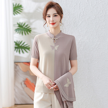 Γυναικείο διπλό Ice Silk σετ: μακριά μανίκια, ανάμιξη πολυεστέρα-σπαντεξ, χωρίς σιδέρωμα, κομψό στυλ, Άνοιξη 2024