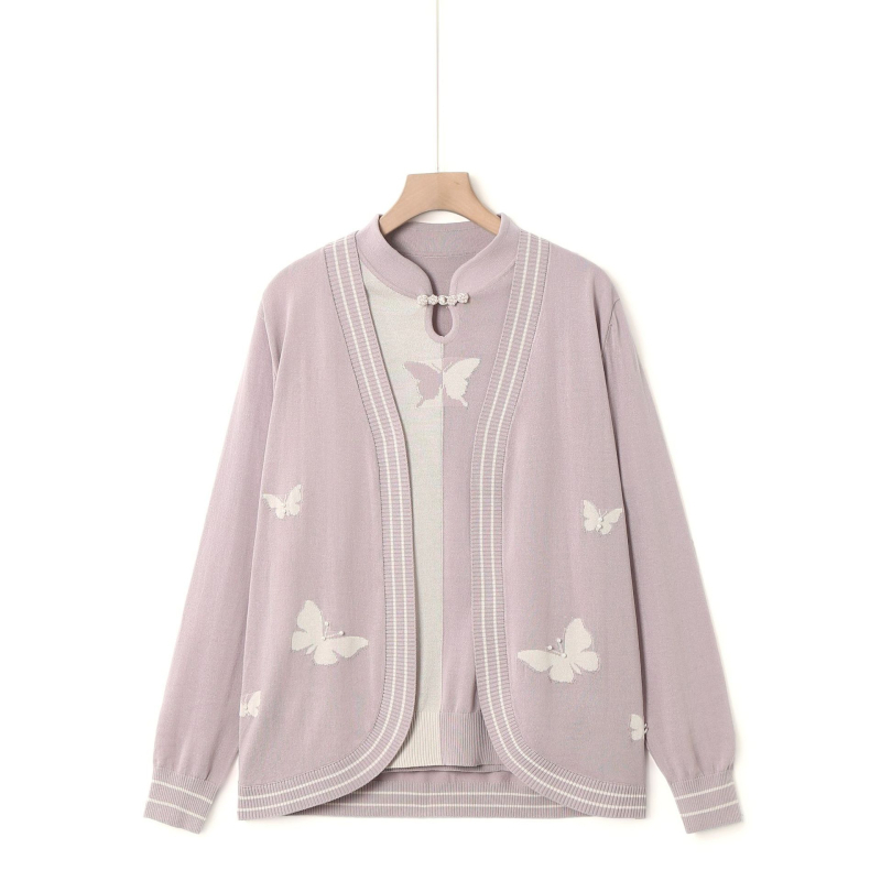 Női Ice Silk kétszemélyes kötött felső szett: hosszú ujjú felső és jacquard dzseki, poliészter-spandex keverék, vasalásmentes, elegáns stílus, 2024 tavasz