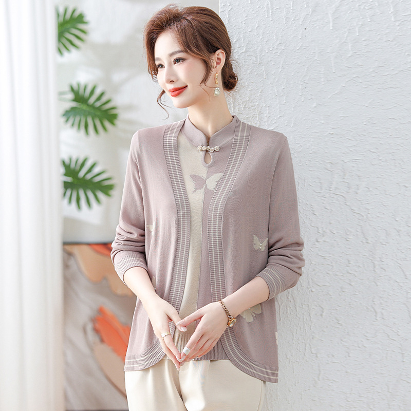 Női Ice Silk kétszemélyes kötött felső szett: hosszú ujjú felső és jacquard dzseki, poliészter-spandex keverék, vasalásmentes, elegáns stílus, 2024 tavasz