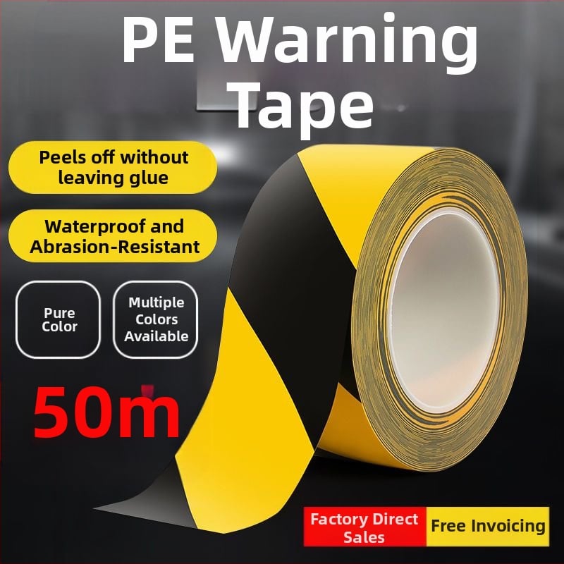 Geltonai-juodai įspėjamoji juosta grindims ženklinimui, Hongjie, PPE pagrindinė medžiaga, 0,13 mm storis, tinka laiptinėms, koridoriams, parkavimo vietų ženklinimui ir dirbtuvėms