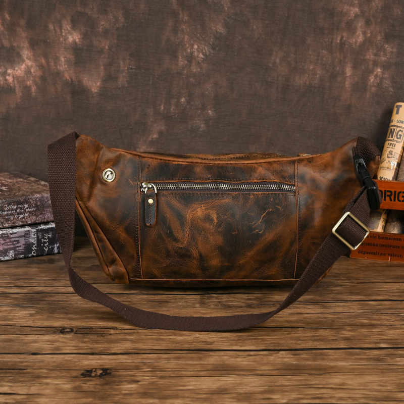 Muška torbica za prsni i struk 388 – koža prvog sloja Crazy Horse, protiv krađe, za slobodno vrijeme