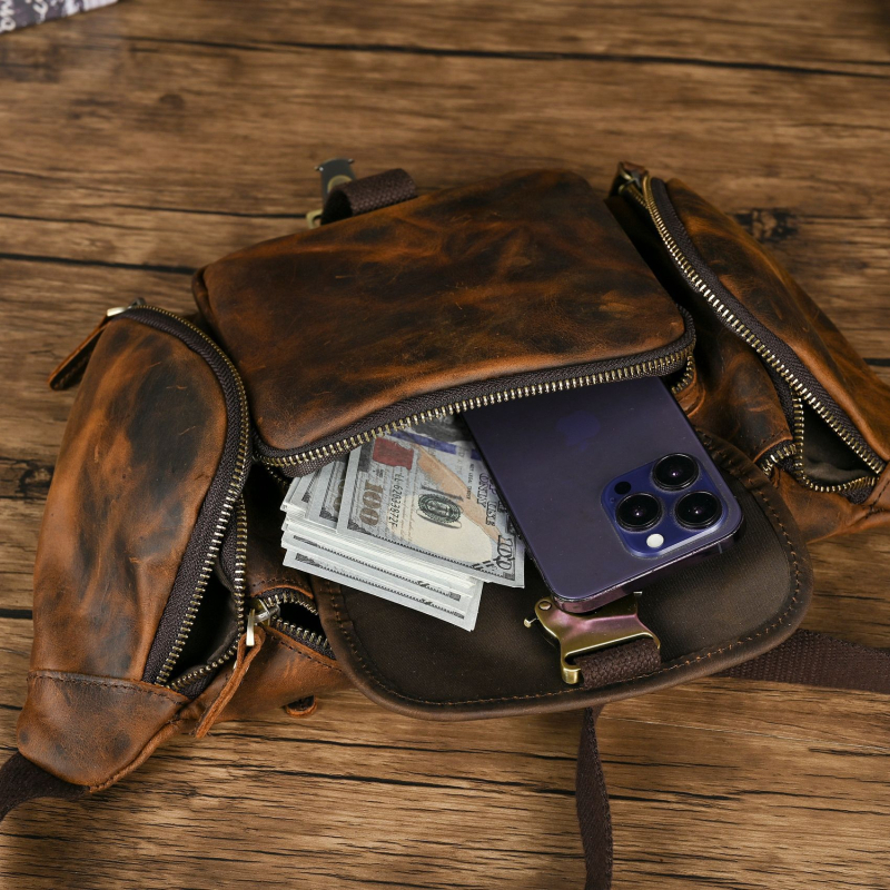 Muška torbica za prsni i struk 388 – koža prvog sloja Crazy Horse, protiv krađe, za slobodno vrijeme