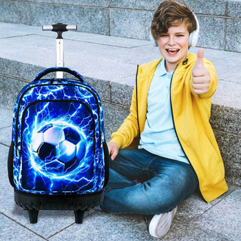 Vaikų futbolo kuprinė su teleskopine rankena ir vienu ratuku — lengva, kvėpuojanti, stuburo apsauga, išlenkti pečių diržai