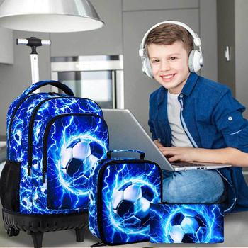 Vaikų futbolo kuprinė su teleskopine rankena ir vienu ratuku — lengva, kvėpuojanti, stuburo apsauga, išlenkti pečių diržai