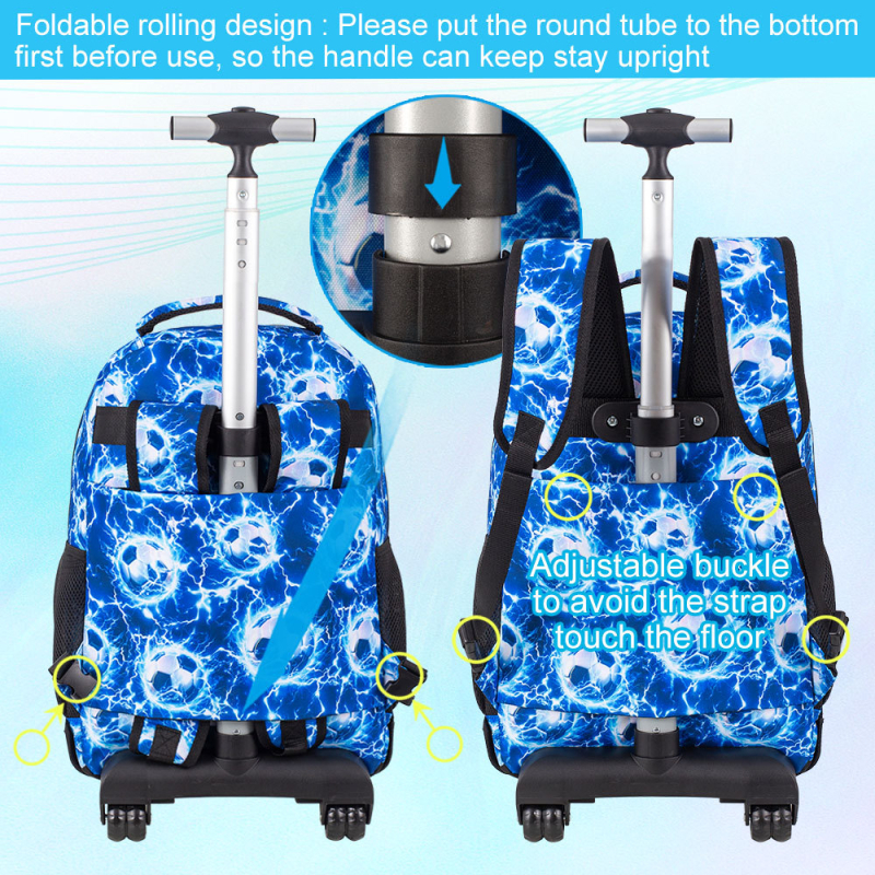 Vaikų futbolo kuprinė su teleskopine rankena ir vienu ratuku — lengva, kvėpuojanti, stuburo apsauga, išlenkti pečių diržai