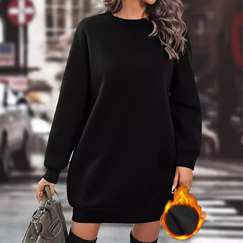Rochie-sweatshirt din poliester, căptușeală fleece, lungime scurtă, guler rotund, mâneci lungi, stil casual japonez-coreean (Iarna 2024)