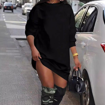 Φούτερ φόρεμα με φλίς εσωτερικά από πολυεστέρα, κοντό μήκος φούστας, στρογγυλός λαιμός, μακριά μανίκια, casual ιαπωνοκορεατικό στυλ (Χειμώνας 2024)