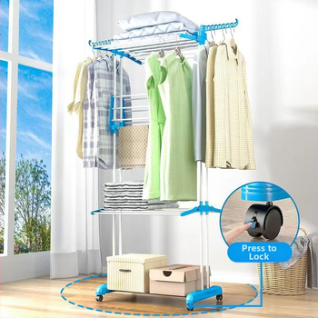 Σταθερό ράφι στεγνώματος ρούχων για το δάπεδο με ροδάκια, κινητό, με διπλό σωλήνα, αναδιπλούμενο, μοντέλο MJJ-3