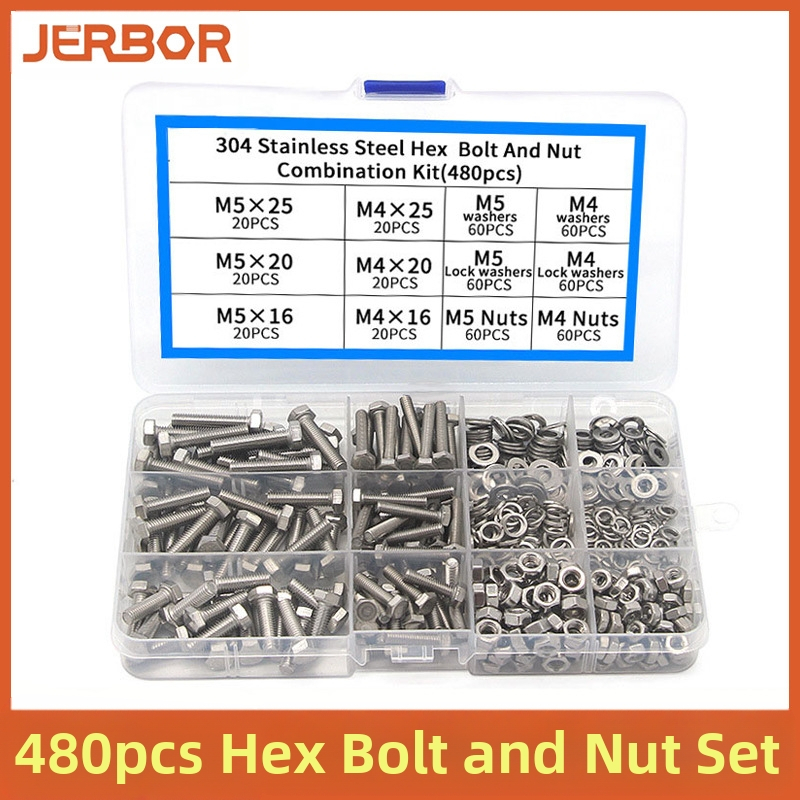 Комплект винтове, гайки и шайби от 304 неръждаема стомана, 480 бр., външно шестостенни болтове, DIN912, клас 6.8