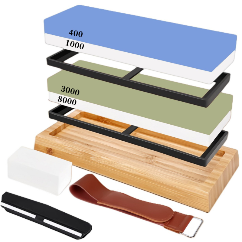 Точилен камък за кухненски ножове, двустранен, 400/1000 и 3000/8000, с бамбукова основа