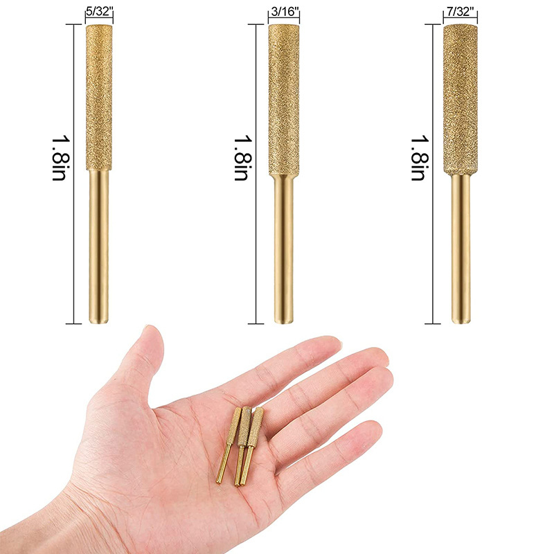 Diamantinė elektrinė pjūklų šlifuoklis, modelis RTF-2106, cilindrinė šlifuoklio galvutė, medžiaga Chrome Corundum/Emery, abrazyvas 120, išorinis skersmuo 4/4.5/5.5 mm