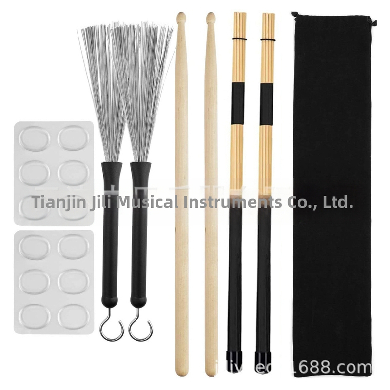 Sada bubnových štetcov s javorovými paličkami (19 balení), sametová taška a tlmičová podložka
