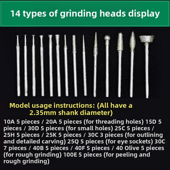 Jado karpymo įrankių rinkinys su deimantinėmis galvutėmis | Prekės ženklas Ming Hao; Modelis: Carving needle suit; Medžiaga: Deimantas; Pritaikymas: Nefrito karpymas