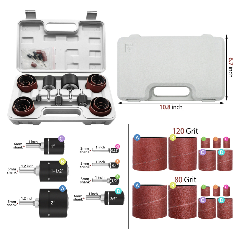 37 dalių šlifavimo žiedų ir volų komplektas medienos apdirbimui — aliuminio oksido šlifavimo galvutės ir poliravimo ratukai