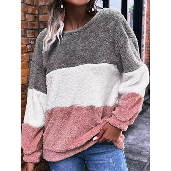 Ženski pulover s šarenim blokovima boja, zaobljen ovratnik, dugi rukavi, duljina 50-65 cm, poliester elastan