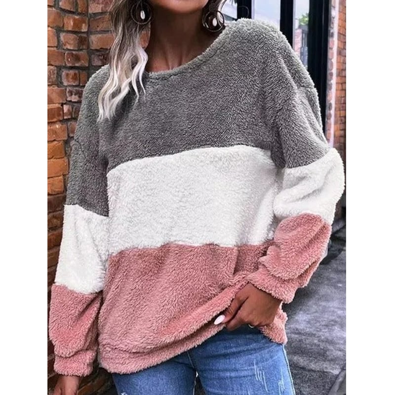 Ženski pulover s šarenim blokovima boja, zaobljen ovratnik, dugi rukavi, duljina 50-65 cm, poliester elastan