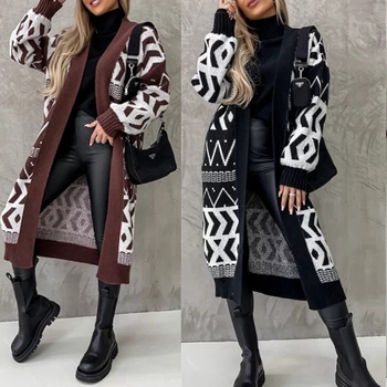 Cardigan, široki kroj, akrilna pletenina, srednja duljina, V-izrez, geometrijski uzorak