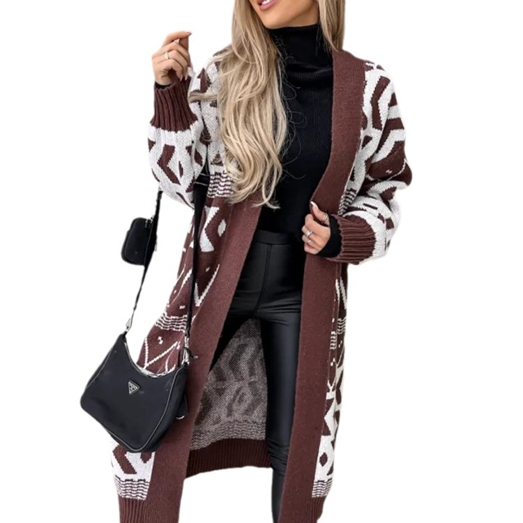 Cardigan, široki kroj, akrilna pletenina, srednja duljina, V-izrez, geometrijski uzorak