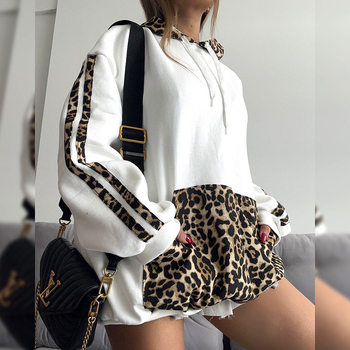 Ženski hoodie pulover s leopard printom, duge rukave, širok kroj, poliester-spandeks mješavina
