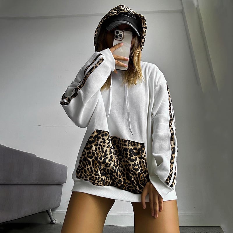 Ženski hoodie pulover s leopard printom, duge rukave, širok kroj, poliester-spandeks mješavina