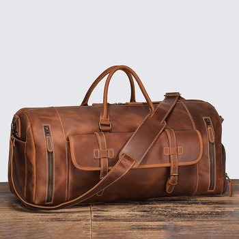 Unisex ταξιδιωτική τσάντα από δέρμα Crazy Horse, με ιμάντα crossbody, χωρητικότητα 20–35 L, επένδυση από καμβά