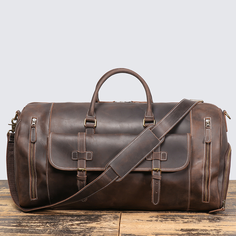 Unisex ταξιδιωτική τσάντα από δέρμα Crazy Horse, με ιμάντα crossbody, χωρητικότητα 20–35 L, επένδυση από καμβά