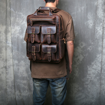 Crazy Horse Leather Backpack — Γνήσιο δέρμα πρώτης στρώσης, Βρετανικό ρετρό στυλ, ταξιδιωτικό σακίδιο με μεγάλη χωρητικότητα, Συμβατό με 16 ιντσών φορητό υπολογιστή, Ανθεκτικό στη φθορά