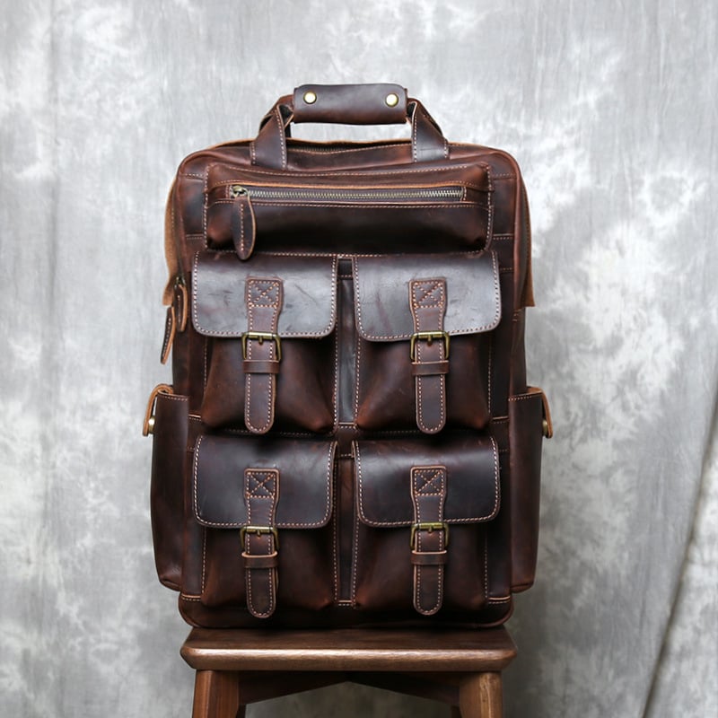 Crazy Horse Leather Backpack — Γνήσιο δέρμα πρώτης στρώσης, Βρετανικό ρετρό στυλ, ταξιδιωτικό σακίδιο με μεγάλη χωρητικότητα, Συμβατό με 16 ιντσών φορητό υπολογιστή, Ανθεκτικό στη φθορά