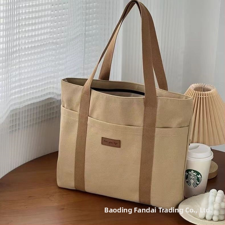 Чанта Tote от платно в стил Urban Simplicity, вертикална квадратна форма, цип, вътрешен джоб за мобилен телефон, подплата от полиестер-памук, външен джоб