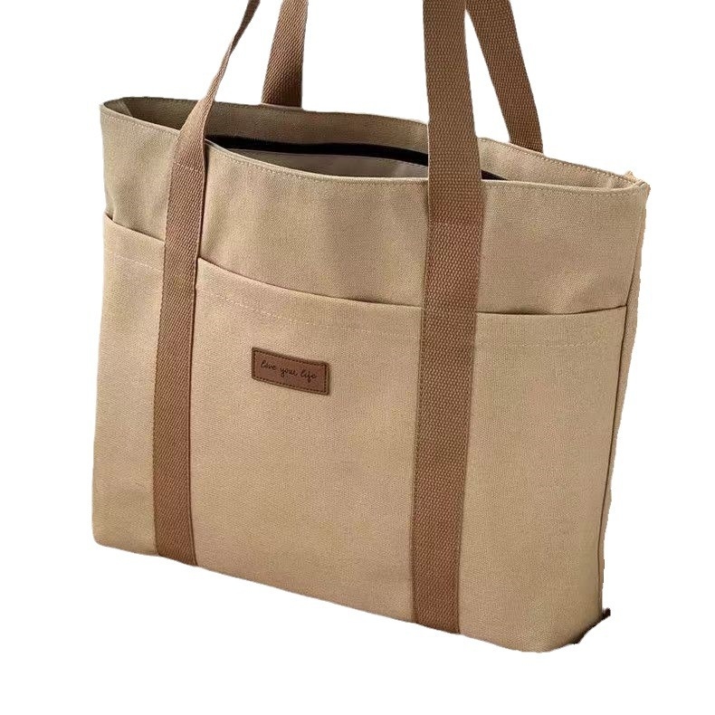 Чанта Tote от платно в стил Urban Simplicity, вертикална квадратна форма, цип, вътрешен джоб за мобилен телефон, подплата от полиестер-памук, външен джоб