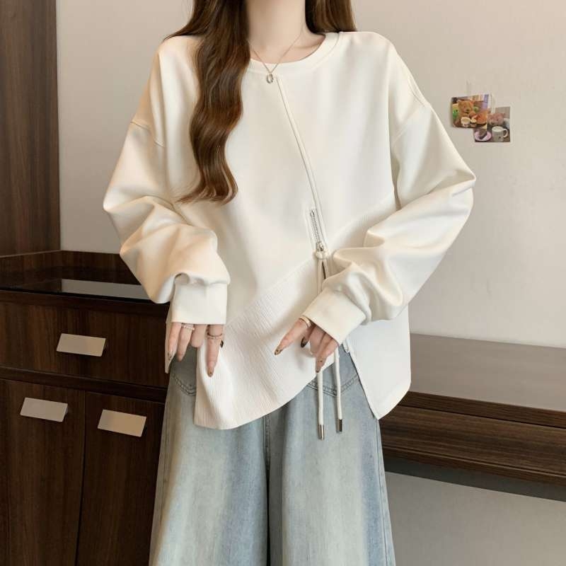 Női pulóver zipzárral elöl, hosszú ujjú, szabálytalan varrással, poliészter anyag