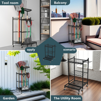 Ράφι εργαλείων κήπου από ανθρακούχο χάλυβα, μετακινούμενο, 3-επίπεδη βάση για εξωτερικά εργαλεία και καθαριστικά.