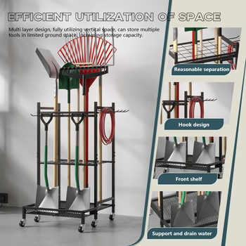 Ράφι εργαλείων κήπου από ανθρακούχο χάλυβα, μετακινούμενο, 3-επίπεδη βάση για εξωτερικά εργαλεία και καθαριστικά.