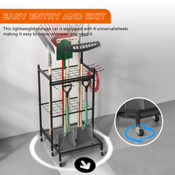 Ράφι εργαλείων κήπου από ανθρακούχο χάλυβα, μετακινούμενο, 3-επίπεδη βάση για εξωτερικά εργαλεία και καθαριστικά.