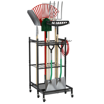 Ράφι εργαλείων κήπου από ανθρακούχο χάλυβα, μετακινούμενο, 3-επίπεδη βάση για εξωτερικά εργαλεία και καθαριστικά.