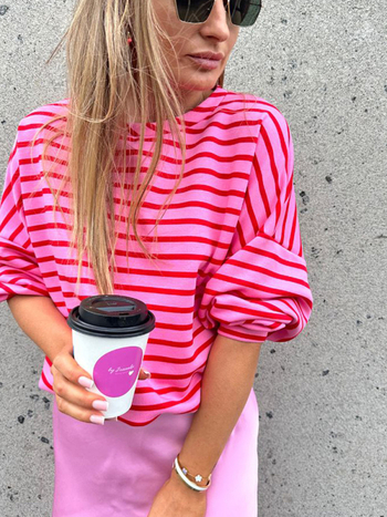 Shi Ying γυναικείος φούτερ χωρίς κουκούλα, με ρίγες και πλέγμα, φαρδιά γραμμή, στρογγυλός λαιμός, μείγμα βαμβάκι-ελαστάν