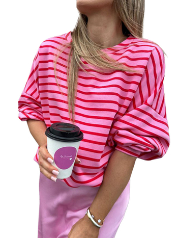 Shi Ying γυναικείος φούτερ χωρίς κουκούλα, με ρίγες και πλέγμα, φαρδιά γραμμή, στρογγυλός λαιμός, μείγμα βαμβάκι-ελαστάν