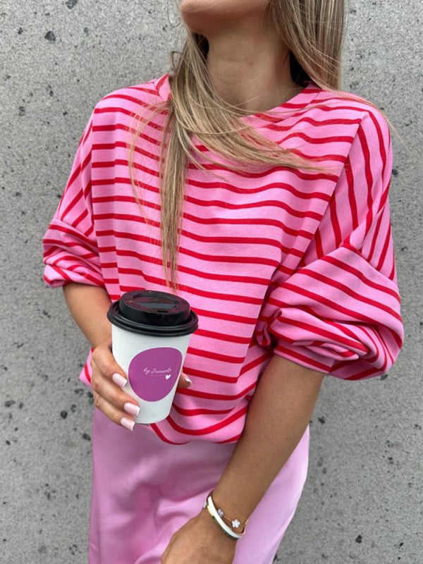 Shi Ying γυναικείος φούτερ χωρίς κουκούλα, με ρίγες και πλέγμα, φαρδιά γραμμή, στρογγυλός λαιμός, μείγμα βαμβάκι-ελαστάν