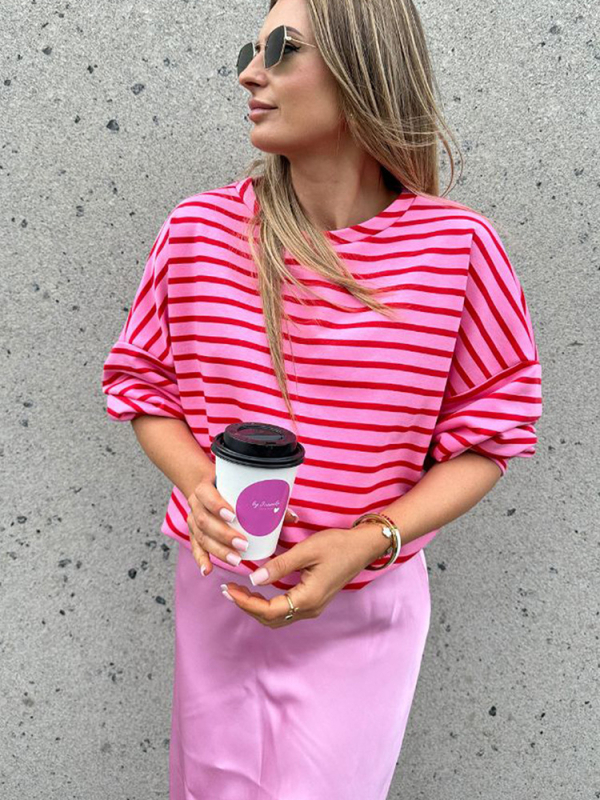 Shi Ying γυναικείος φούτερ χωρίς κουκούλα, με ρίγες και πλέγμα, φαρδιά γραμμή, στρογγυλός λαιμός, μείγμα βαμβάκι-ελαστάν