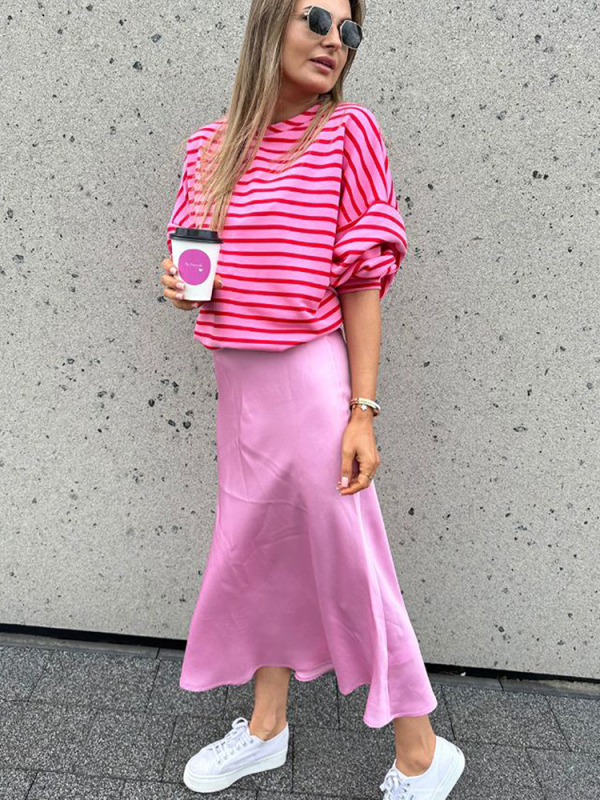 Shi Ying γυναικείος φούτερ χωρίς κουκούλα, με ρίγες και πλέγμα, φαρδιά γραμμή, στρογγυλός λαιμός, μείγμα βαμβάκι-ελαστάν