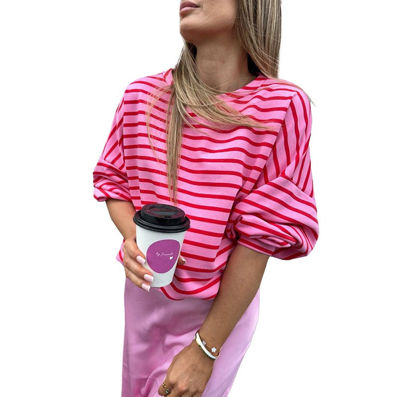 Shi Ying γυναικείος φούτερ χωρίς κουκούλα, με ρίγες και πλέγμα, φαρδιά γραμμή, στρογγυλός λαιμός, μείγμα βαμβάκι-ελαστάν