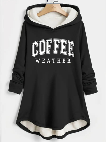 Γυναικείό άνετο φούτερ με κουκούλα και βελούδινο εσωτερικό, εκτύπωση με γράμματα, πλεκτό ύφασμα πολυεστέρα με 5% σπαντέξ, μακριά μανίκια.