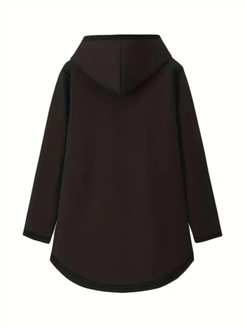 Γυναικείό άνετο φούτερ με κουκούλα και βελούδινο εσωτερικό, εκτύπωση με γράμματα, πλεκτό ύφασμα πολυεστέρα με 5% σπαντέξ, μακριά μανίκια.