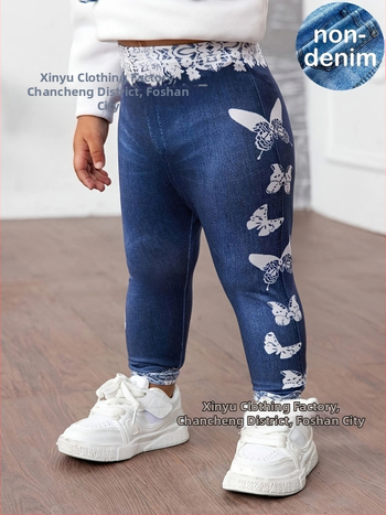 Dječje pletene legice s motivom leptira i čipkastim detaljima u denimu stilu, 100% poliester, srednji pojas, proljeće–jesen