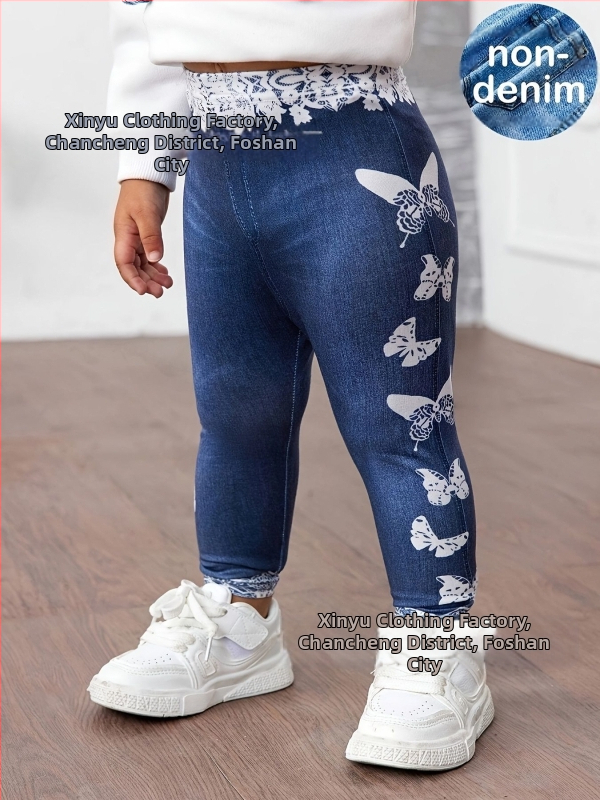 Dječje pletene legice s motivom leptira i čipkastim detaljima u denimu stilu, 100% poliester, srednji pojas, proljeće–jesen