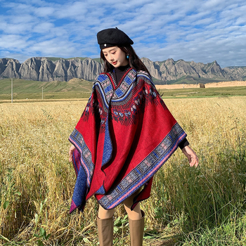 Moterų dirbtinio kašmyro etninio stiliaus vidutinio ilgio šaliką-paltą visoms sezonoms šiluma