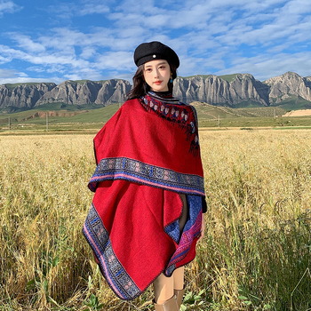 Moterų dirbtinio kašmyro etninio stiliaus vidutinio ilgio šaliką-paltą visoms sezonoms šiluma