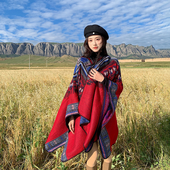 Moterų dirbtinio kašmyro etninio stiliaus vidutinio ilgio šaliką-paltą visoms sezonoms šiluma