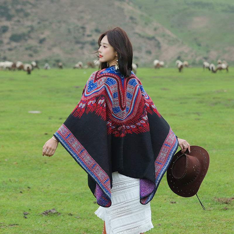 Moterų dirbtinio kašmyro etninio stiliaus vidutinio ilgio šaliką-paltą visoms sezonoms šiluma